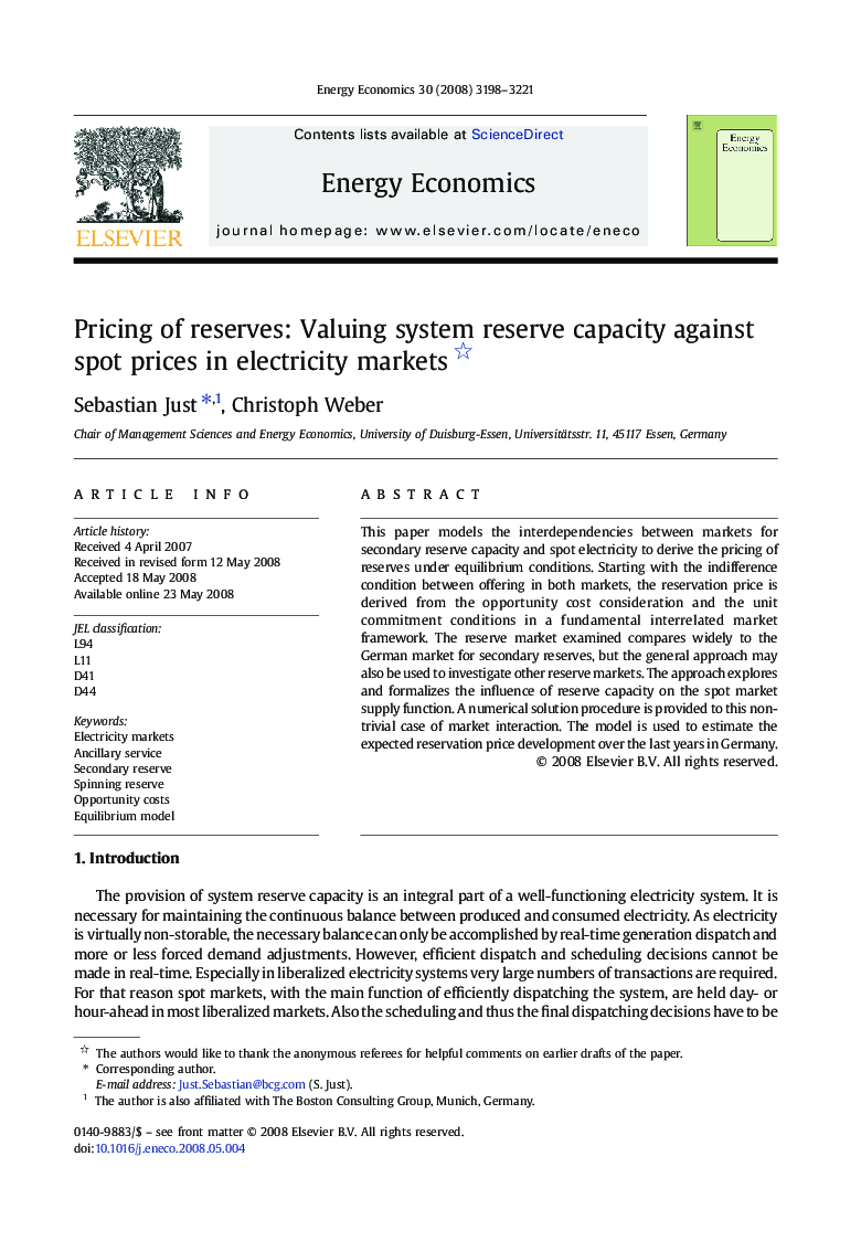 Pricing of reserves: Valuing system reserve capacity against spot prices in electricity markets