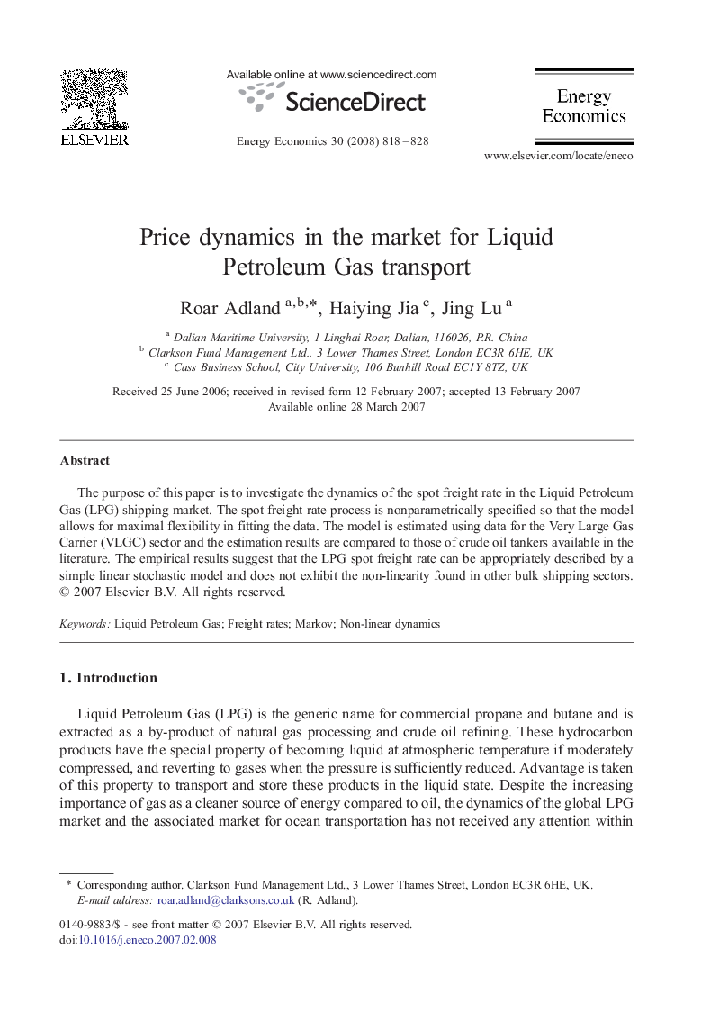 عکس صفحه اول مقاله: Price dynamics in the market for Liquid Petroleum Gas transport Price dynamics in the market for Liquid Petroleum Gas transport