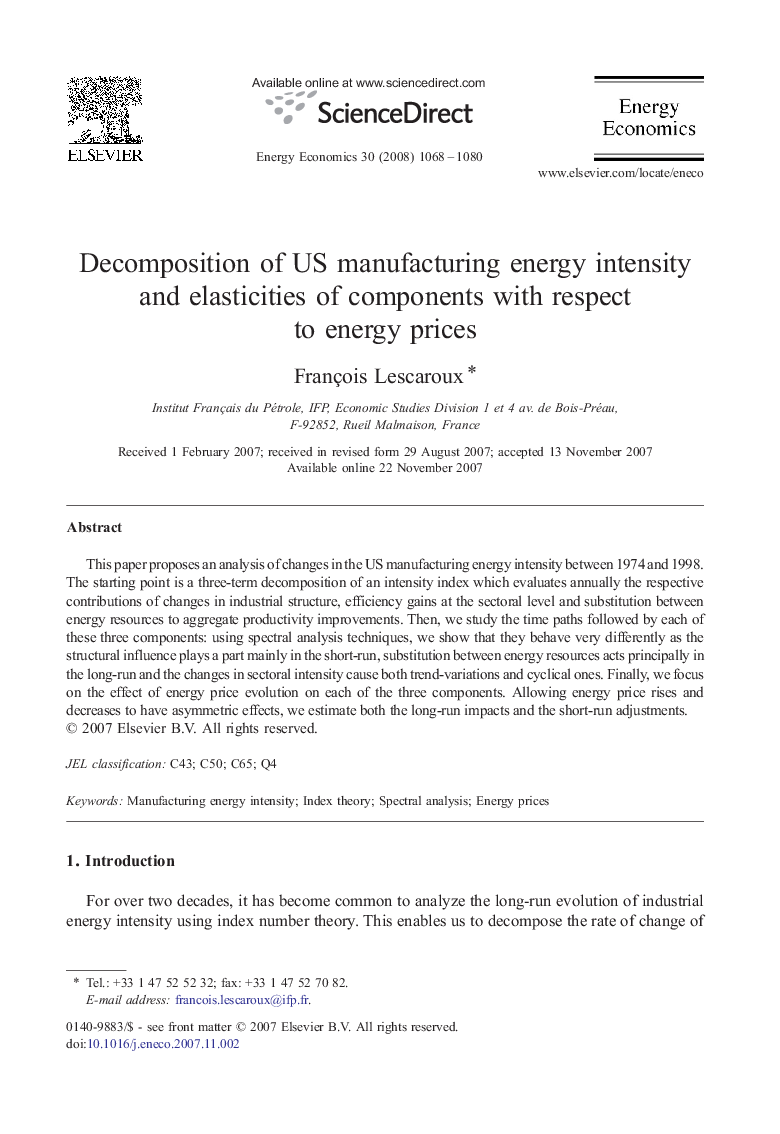 Decomposition of US manufacturing energy intensity and elasticities of components with respect to energy prices