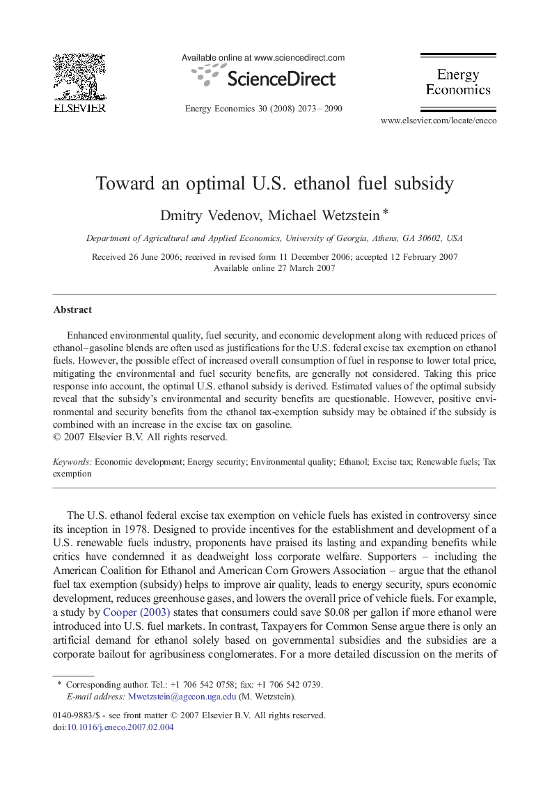 Toward an optimal U.S. ethanol fuel subsidy