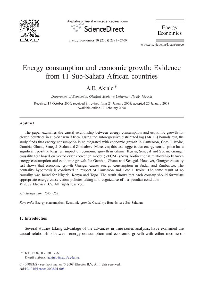 Energy consumption and economic growth: Evidence from 11 Sub-Sahara African countries