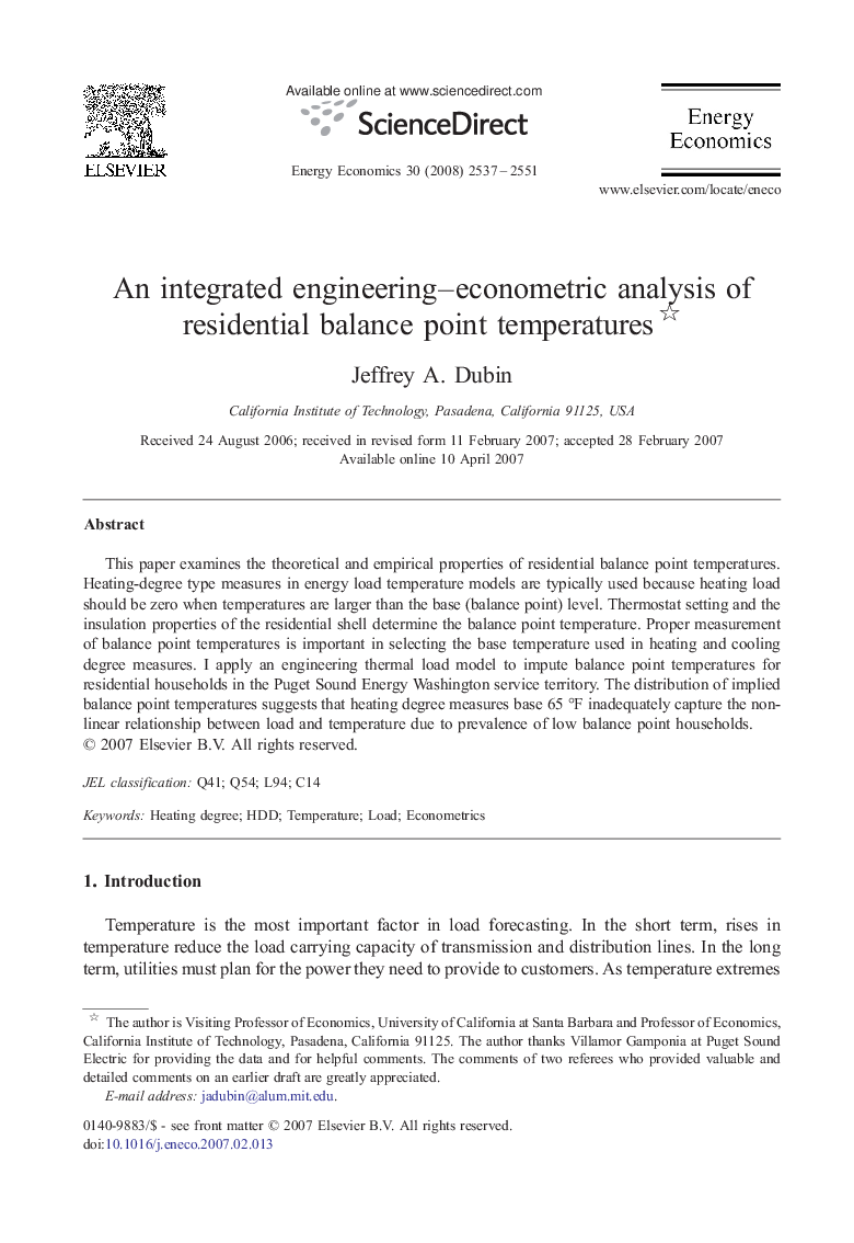 An integrated engineering-econometric analysis of residential balance point temperatures