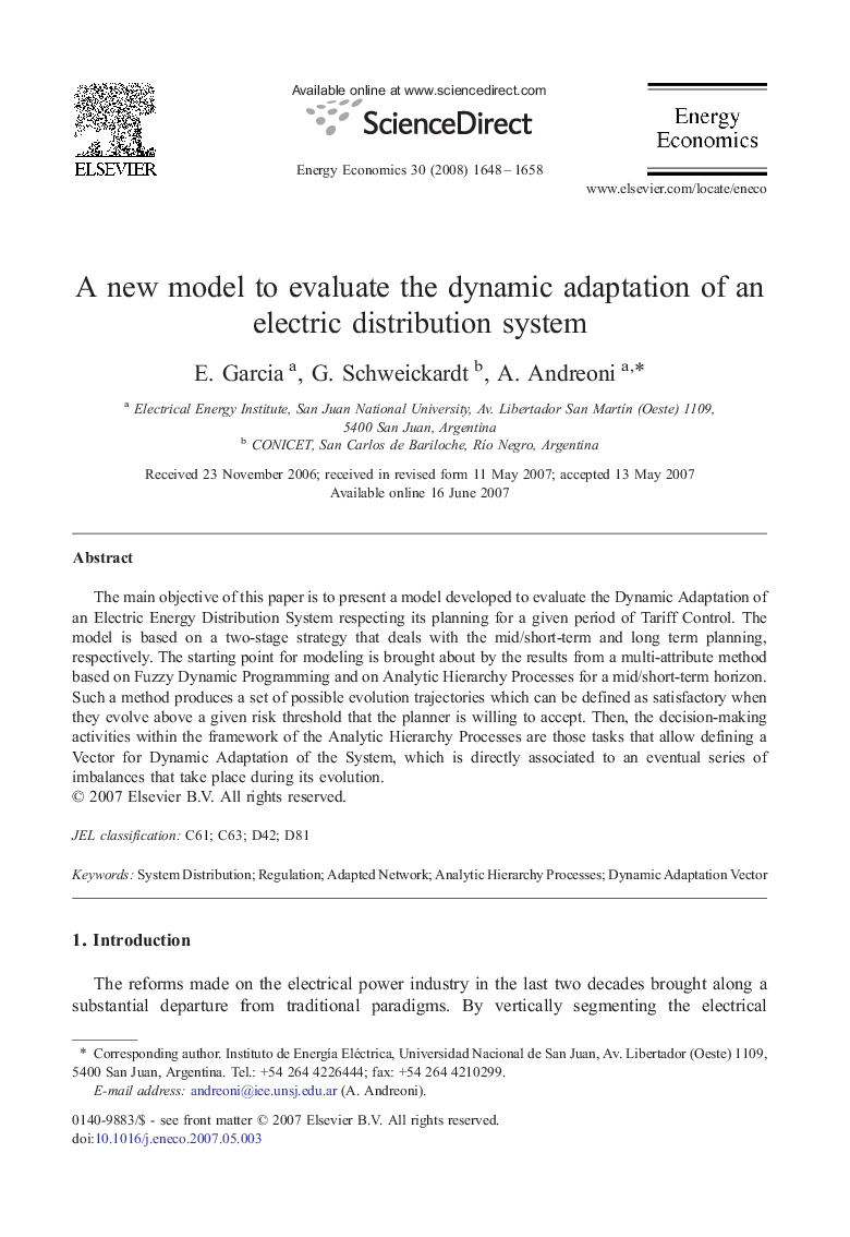 A new model to evaluate the dynamic adaptation of an electric distribution system