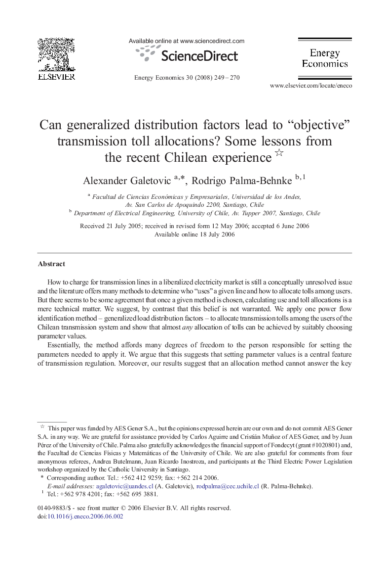 Can generalized distribution factors lead to “objective” transmission toll allocations? Some lessons from the recent Chilean experience