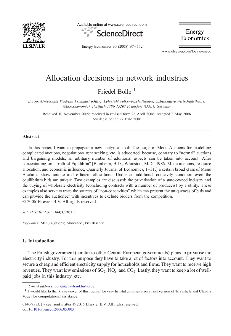 عکس صفحه اول مقاله: Allocation decisions in network industries Allocation decisions in network industries