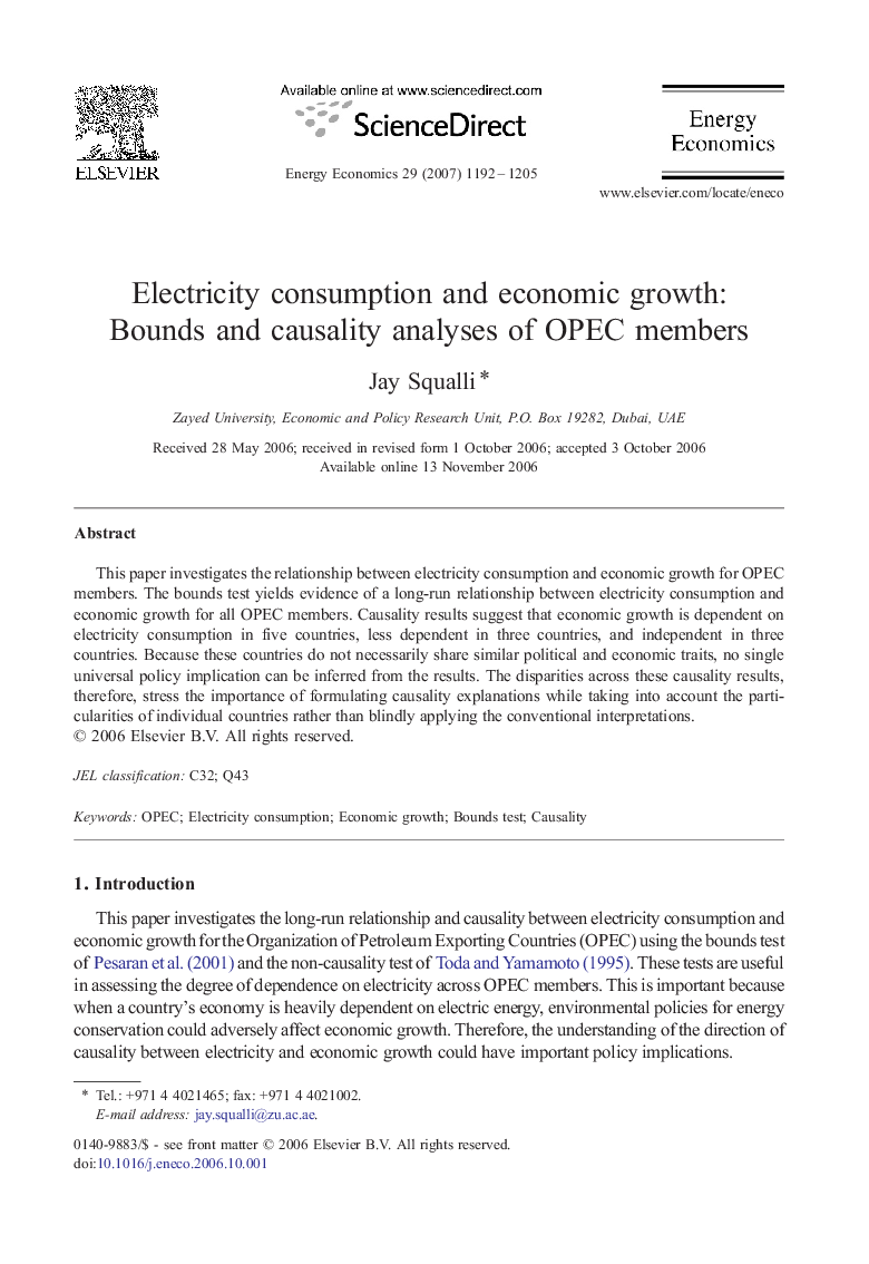 Electricity consumption and economic growth: Bounds and causality analyses of OPEC members