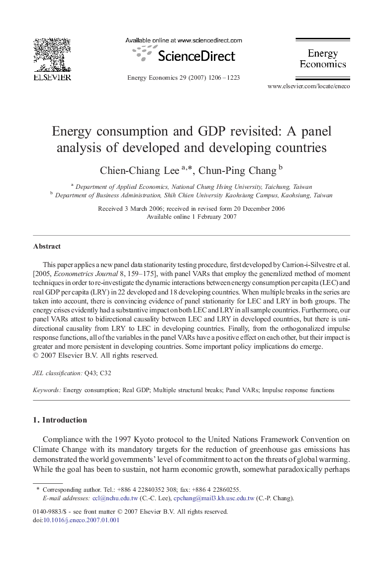 Energy consumption and GDP revisited: A panel analysis of developed and developing countries