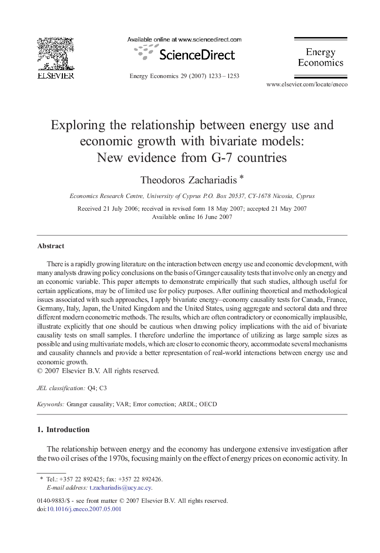 Exploring the relationship between energy use and economic growth with bivariate models: New evidence from G-7 countries