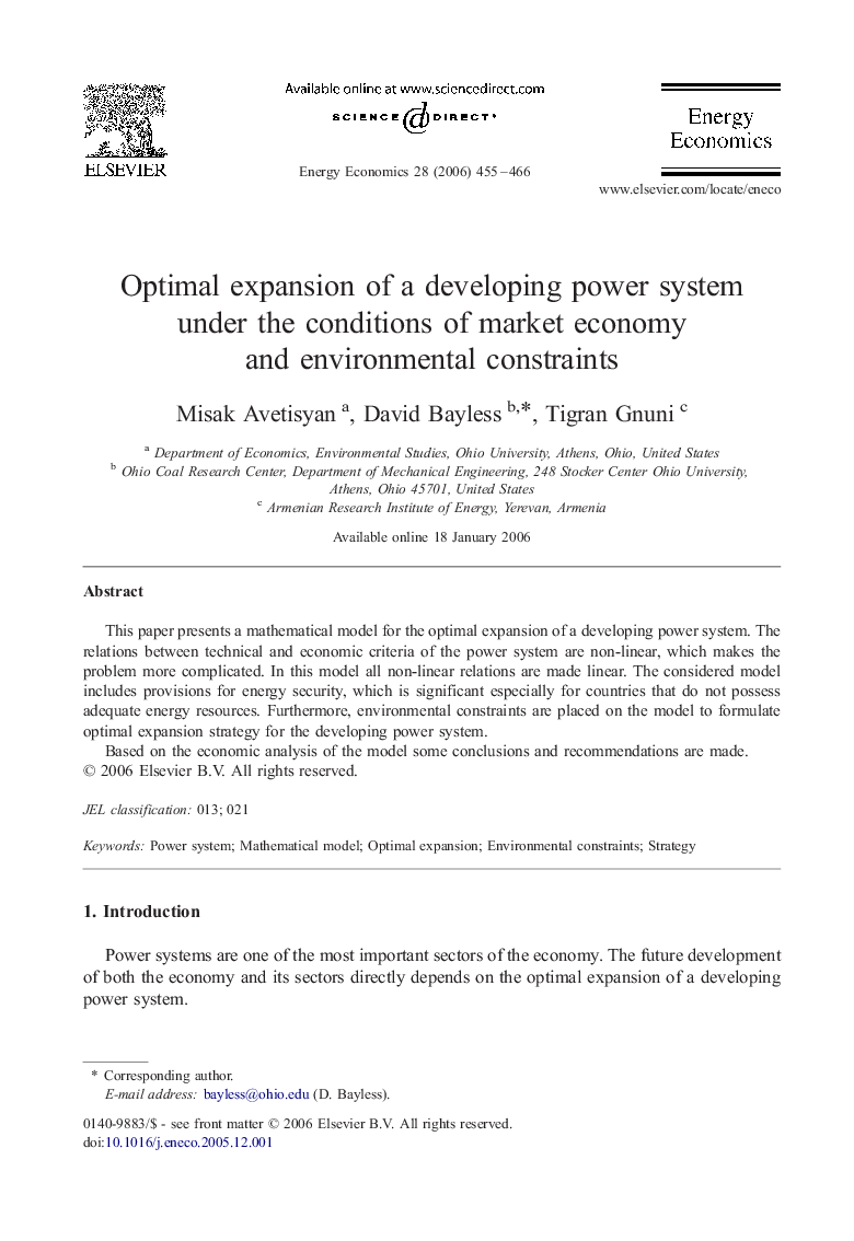 Optimal expansion of a developing power system under the conditions of market economy and environmental constraints