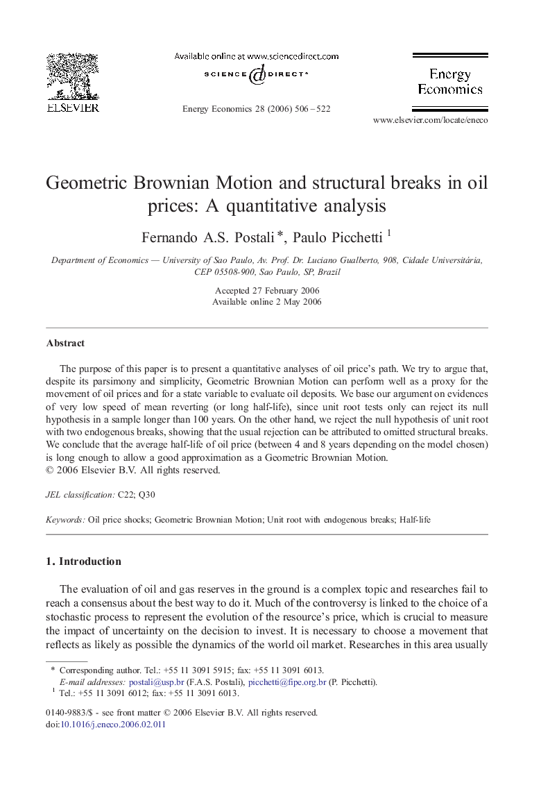 Geometric Brownian Motion and structural breaks in oil prices: A quantitative analysis