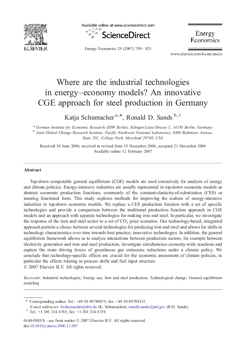 Where are the industrial technologies in energy-economy models? An innovative CGE approach for steel production in Germany