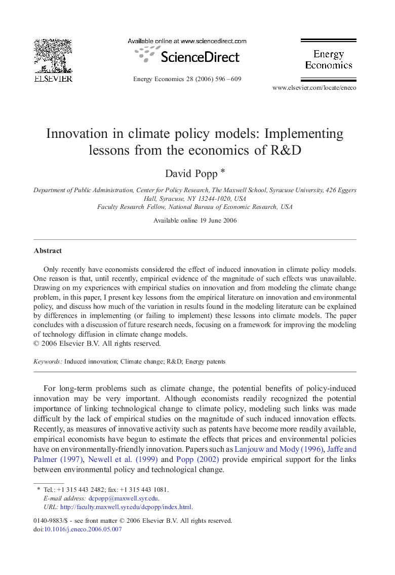 Innovation in climate policy models: Implementing lessons from the economics of R&D