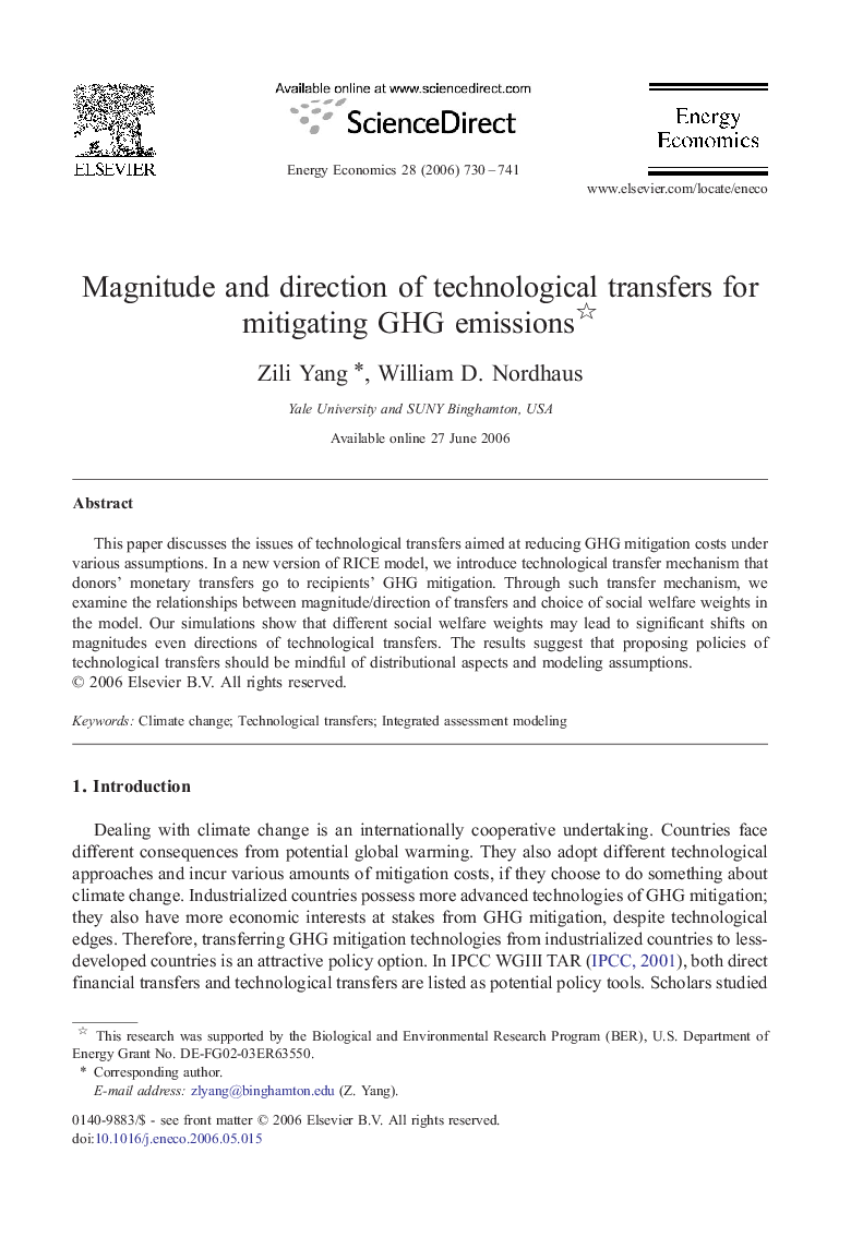 Magnitude and direction of technological transfers for mitigating GHG emissions