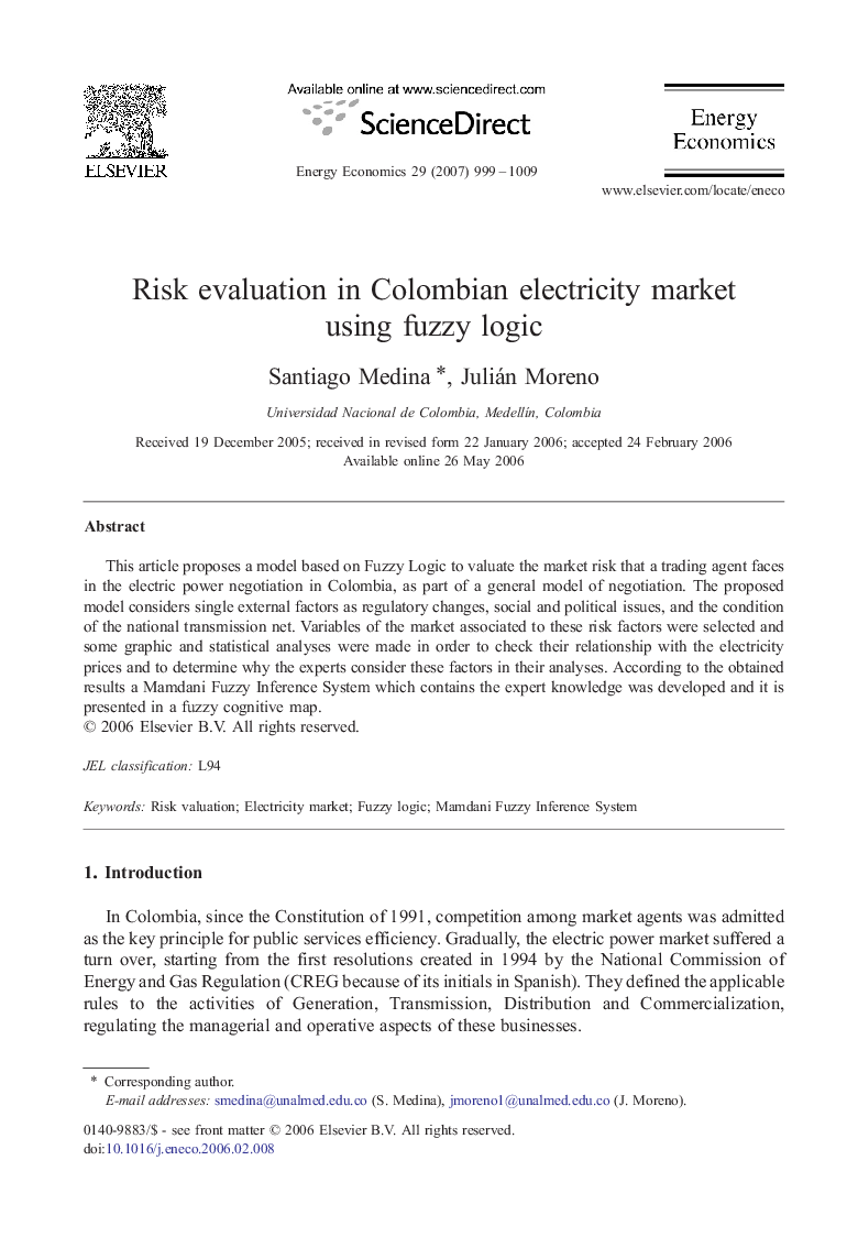 Risk evaluation in Colombian electricity market using fuzzy logic