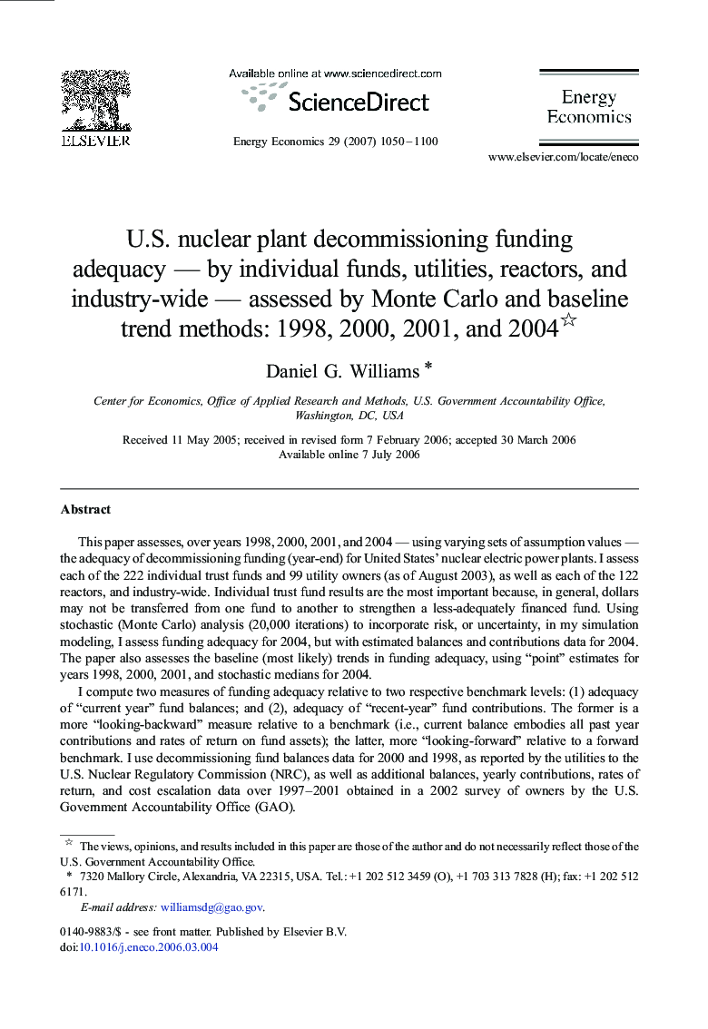 U.S. nuclear plant decommissioning funding adequacy - by individual funds, utilities, reactors, and industry-wide - assessed by Monte Carlo and baseline trend methods: 1998, 2000, 2001, and 2004