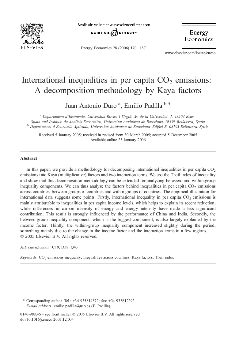 International inequalities in per capita CO2 emissions: A decomposition methodology by Kaya factors
