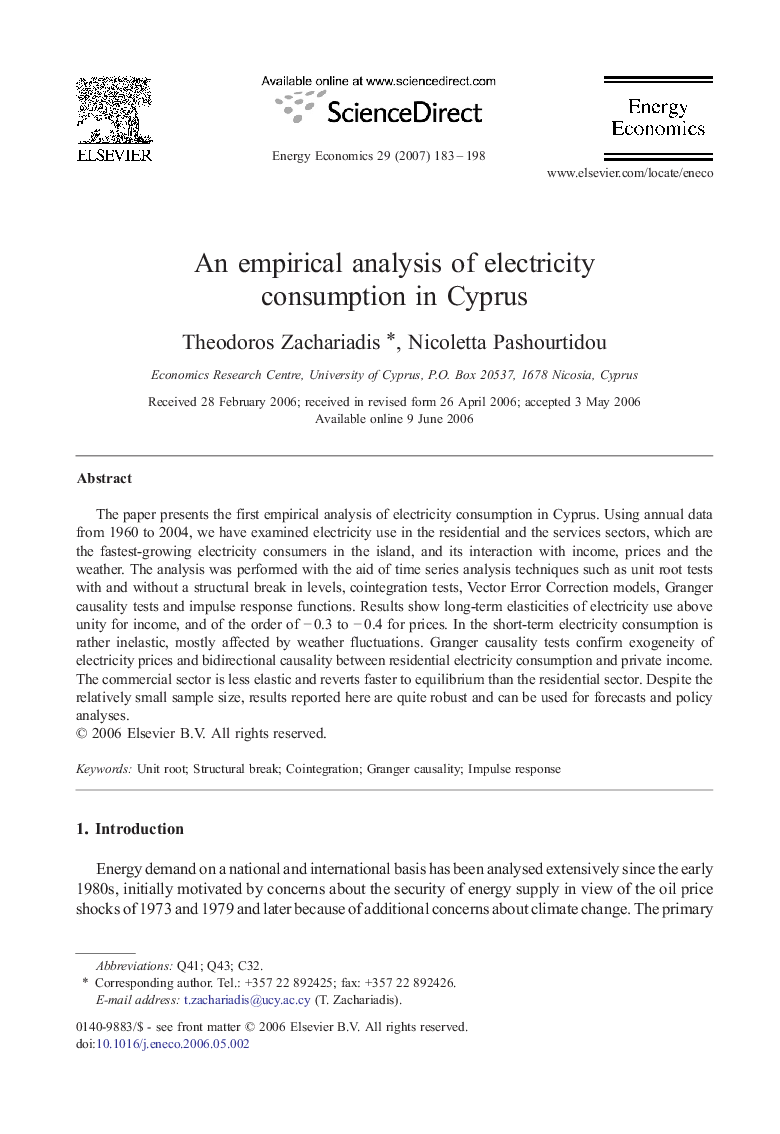 An empirical analysis of electricity consumption in Cyprus