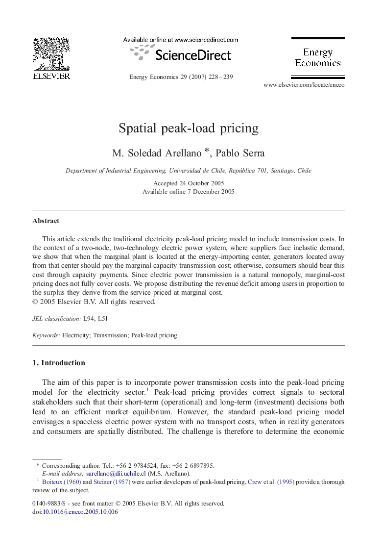 عکس صفحه اول مقاله: Spatial peak-load pricing Spatial peak-load pricing