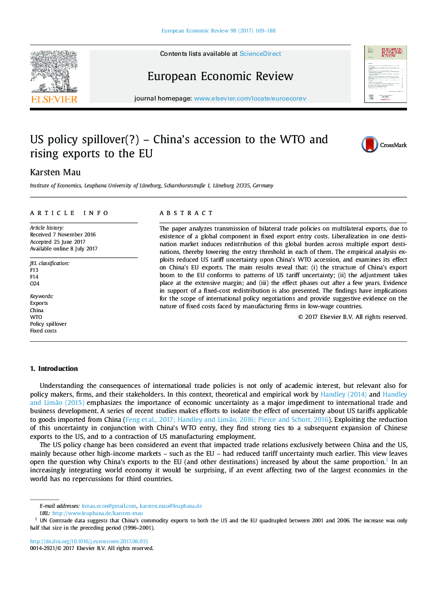 US policy spillover(?) - China's accession to the WTO and rising exports to the EU