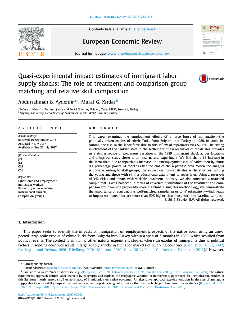 برآوردهای اثرات تقریبی تجربی شوک های عرضه کارگران مهاجر: نقش درمان و مقایسه تطابق گروه و ترکیب نسبی مهارت 