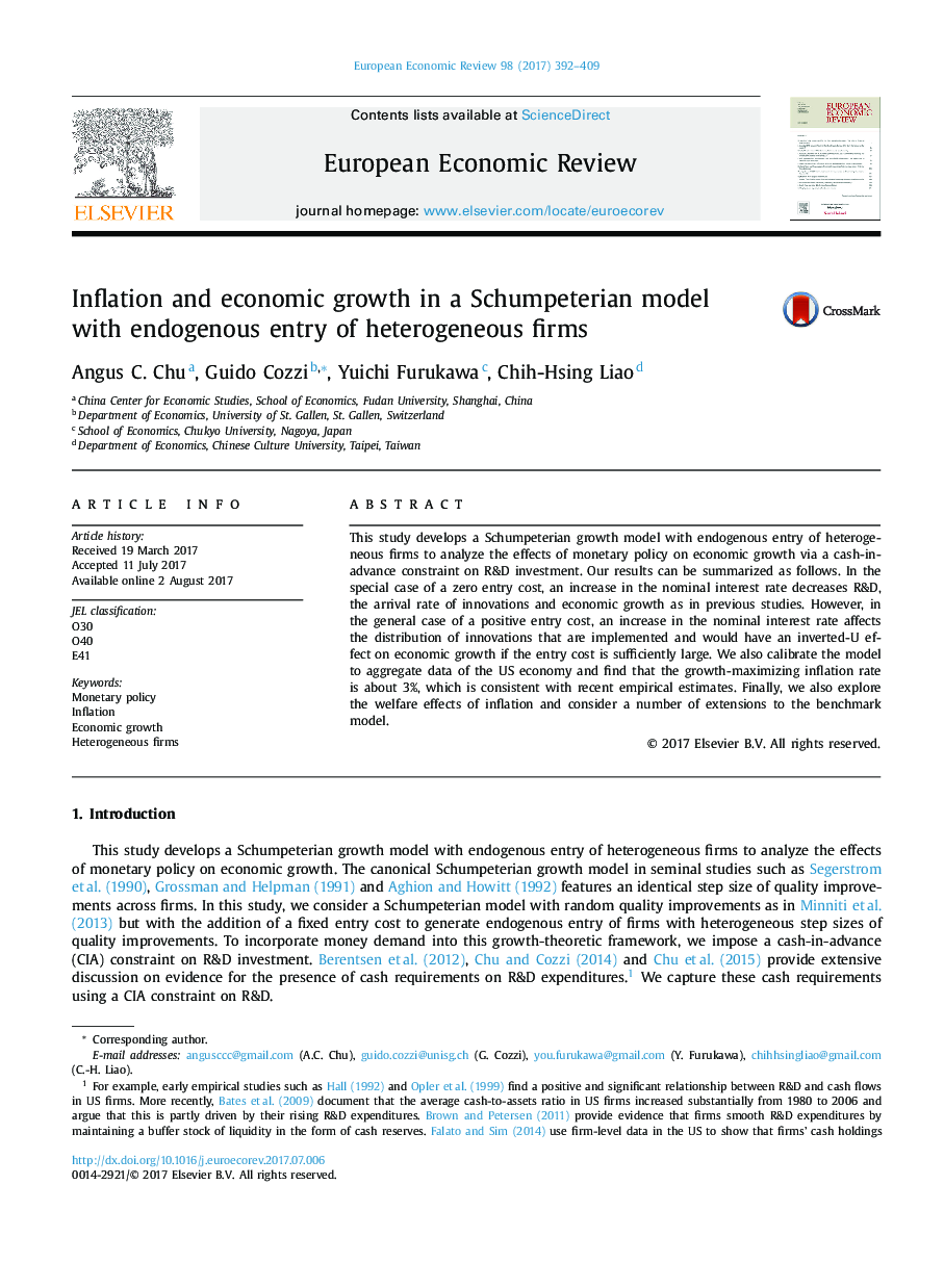 Inflation and economic growth in a Schumpeterian model with endogenous entry of heterogeneous firms