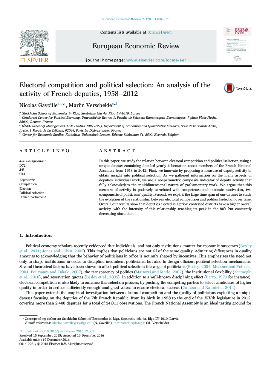 رقابت انتخاباتی و انتخاب سیاسی: تجزیه و تحلیل فعالیت نمایندگان فرانسوی، 1958-2012 