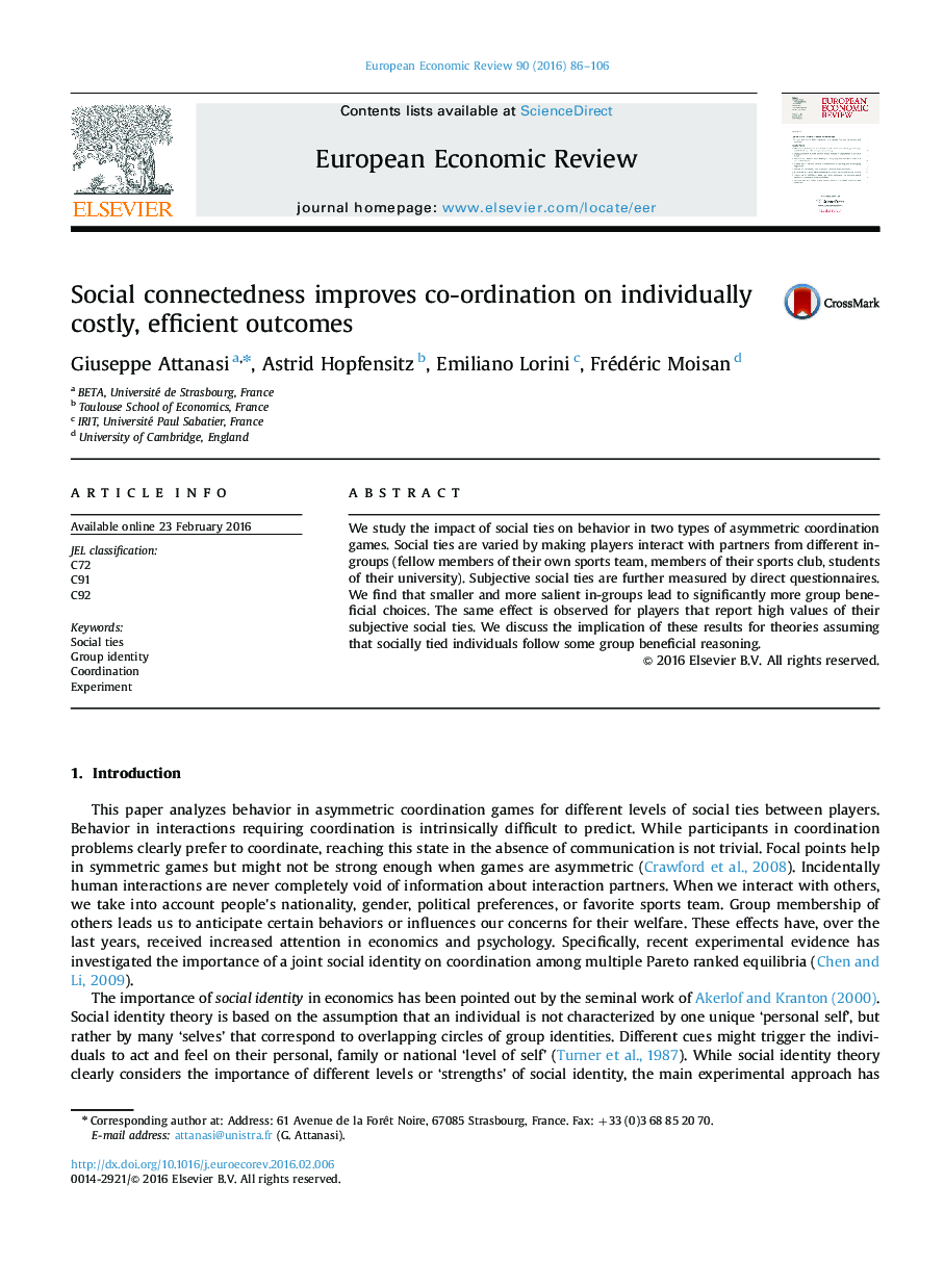 Social connectedness improves co-ordination on individually costly, efficient outcomes