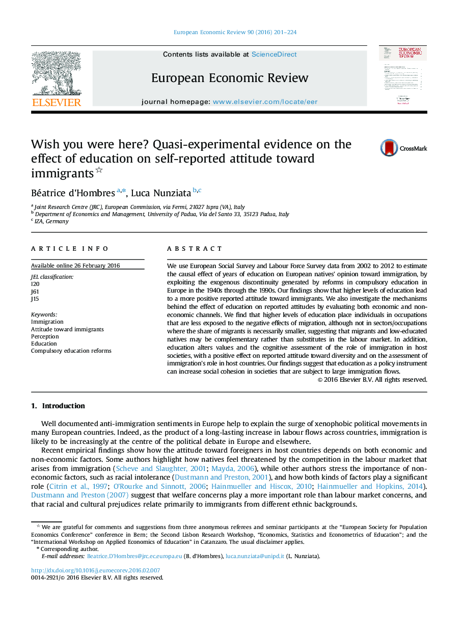 Wish you were here? Quasi-experimental evidence on the effect of education on self-reported attitude toward immigrants