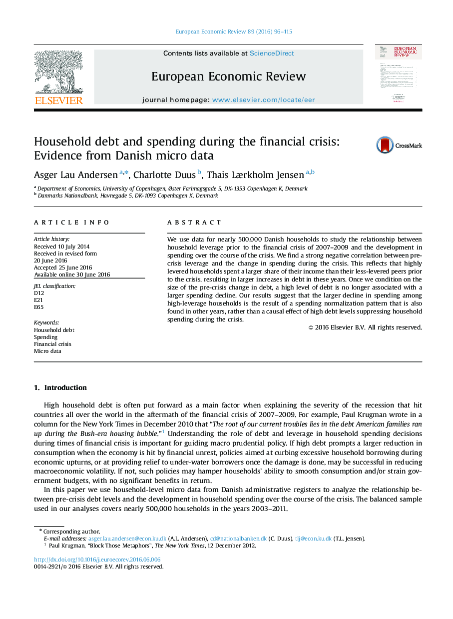 Household debt and spending during the financial crisis: Evidence from Danish micro data