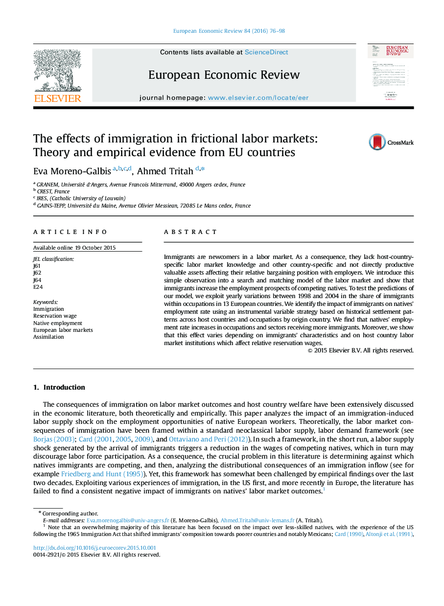 اثرات مهاجرت در بازار کار اصطکاکی: نظریه و شواهد تجربی از کشورهای اتحادیه اروپا 
