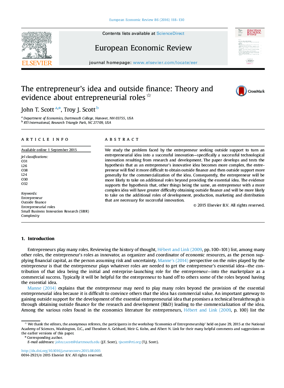 The entrepreneur's idea and outside finance: Theory and evidence about entrepreneurial roles 