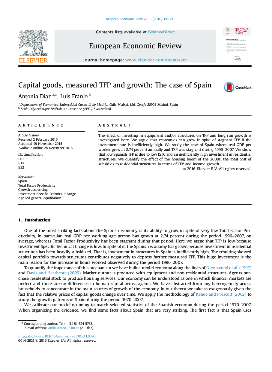 Capital goods, measured TFP and growth: The case of Spain