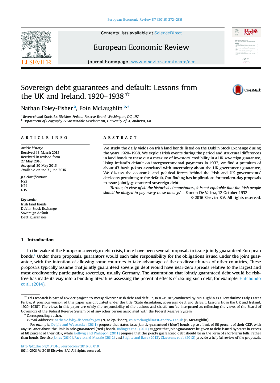 Sovereign debt guarantees and default: Lessons from the UK and Ireland, 1920-1938