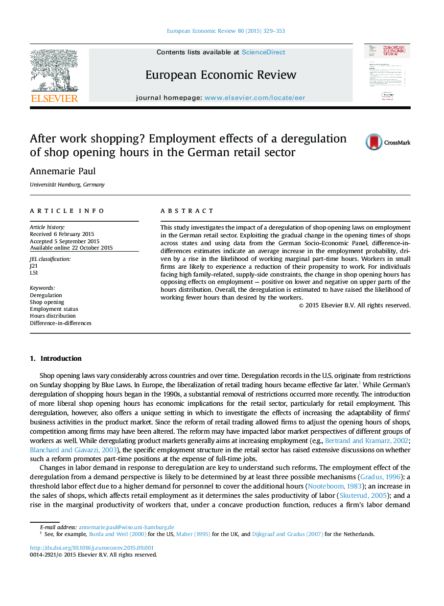 After work shopping? Employment effects of a deregulation of shop opening hours in the German retail sector