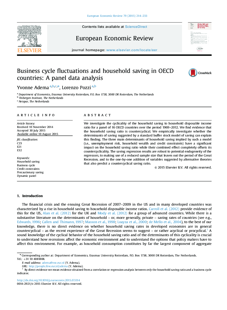 Business cycle fluctuations and household saving in OECD countries: A panel data analysis