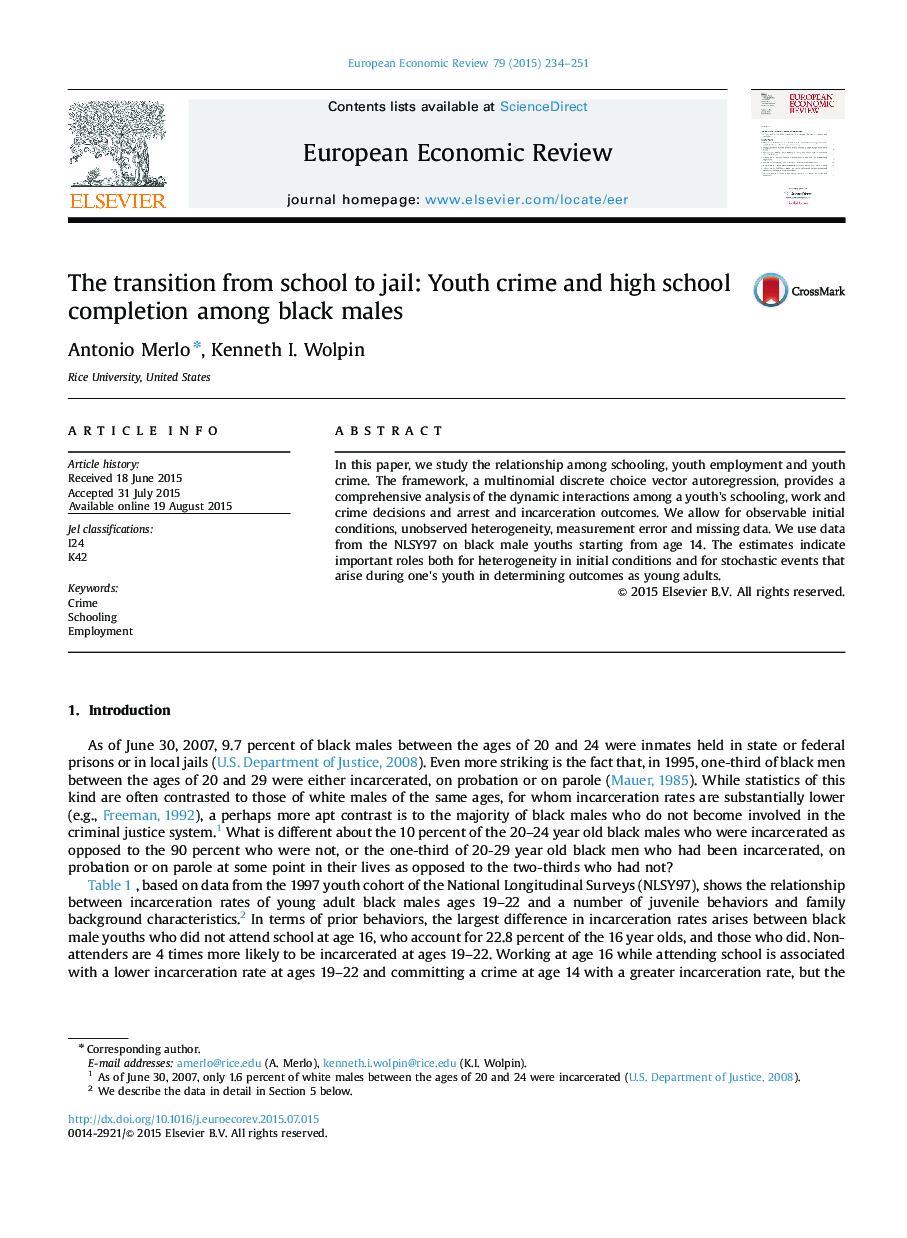 The transition from school to jail: Youth crime and high school completion among black males