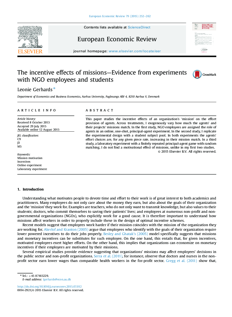 The incentive effects of missions-Evidence from experiments with NGO employees and students