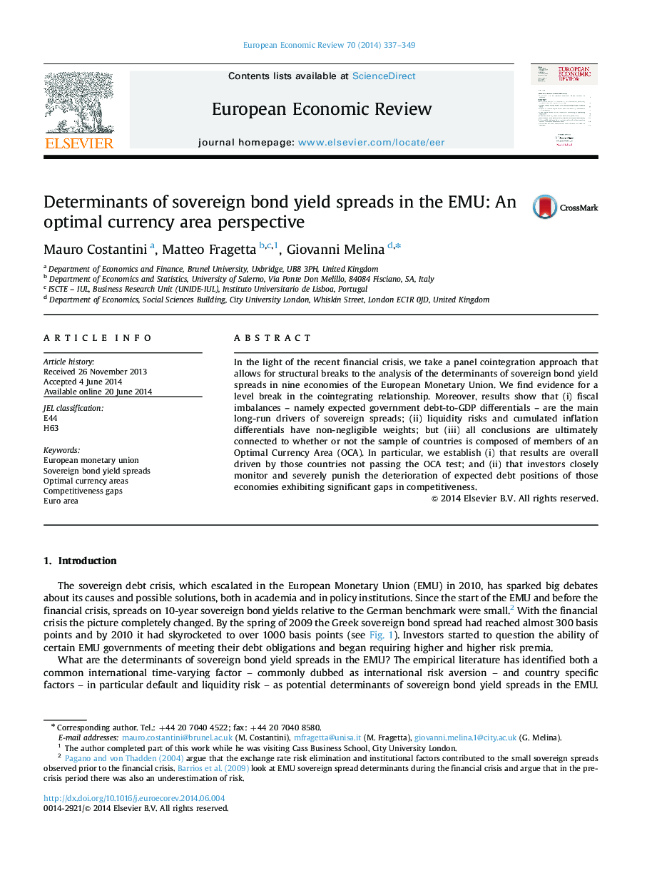 Determinants of sovereign bond yield spreads in the EMU: An optimal currency area perspective