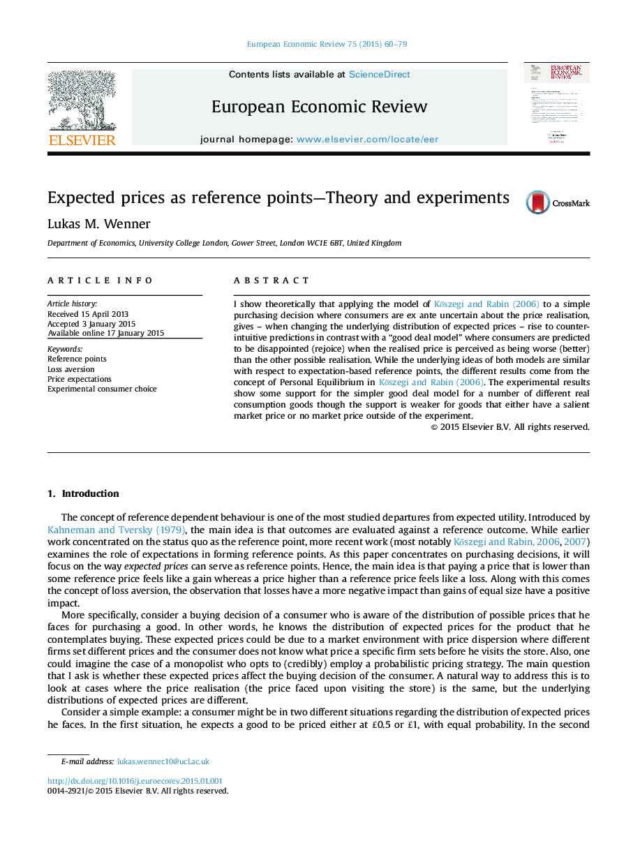 Expected prices as reference points-Theory and experiments