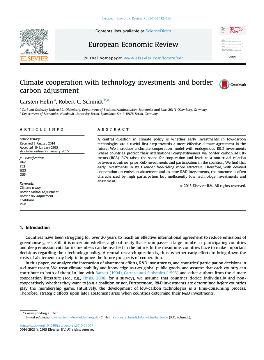 Climate cooperation with technology investments and border carbon adjustment