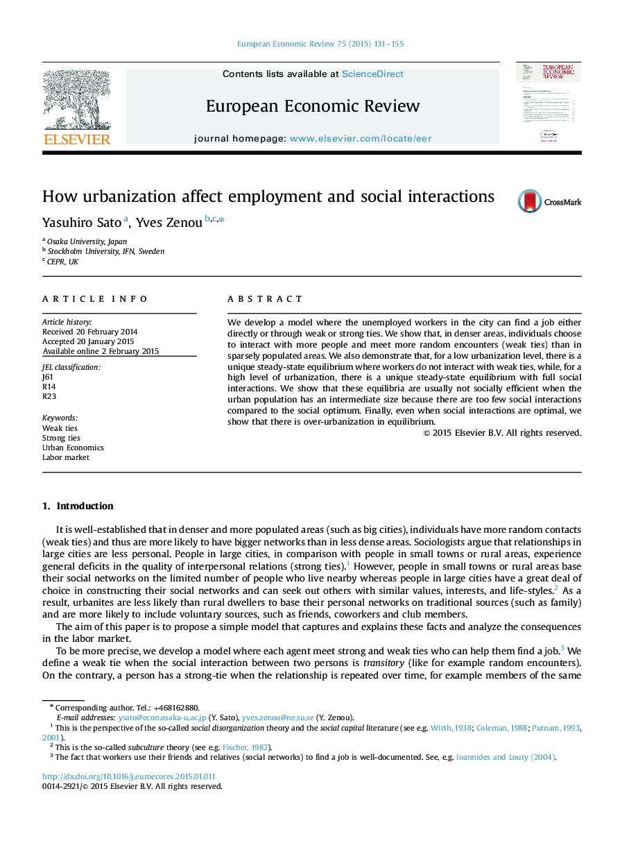 How urbanization affect employment and social interactions