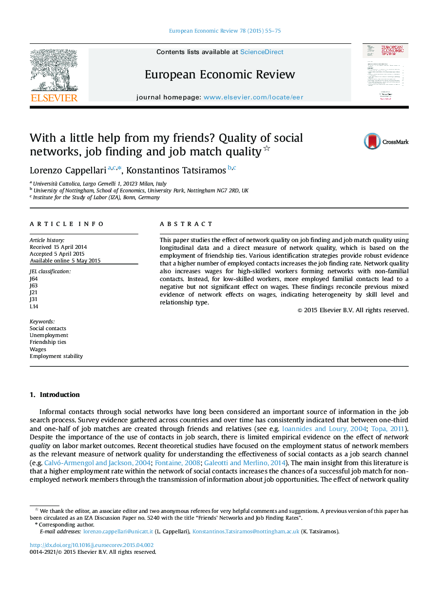 With a little help from my friends? Quality of social networks, job finding and job match quality