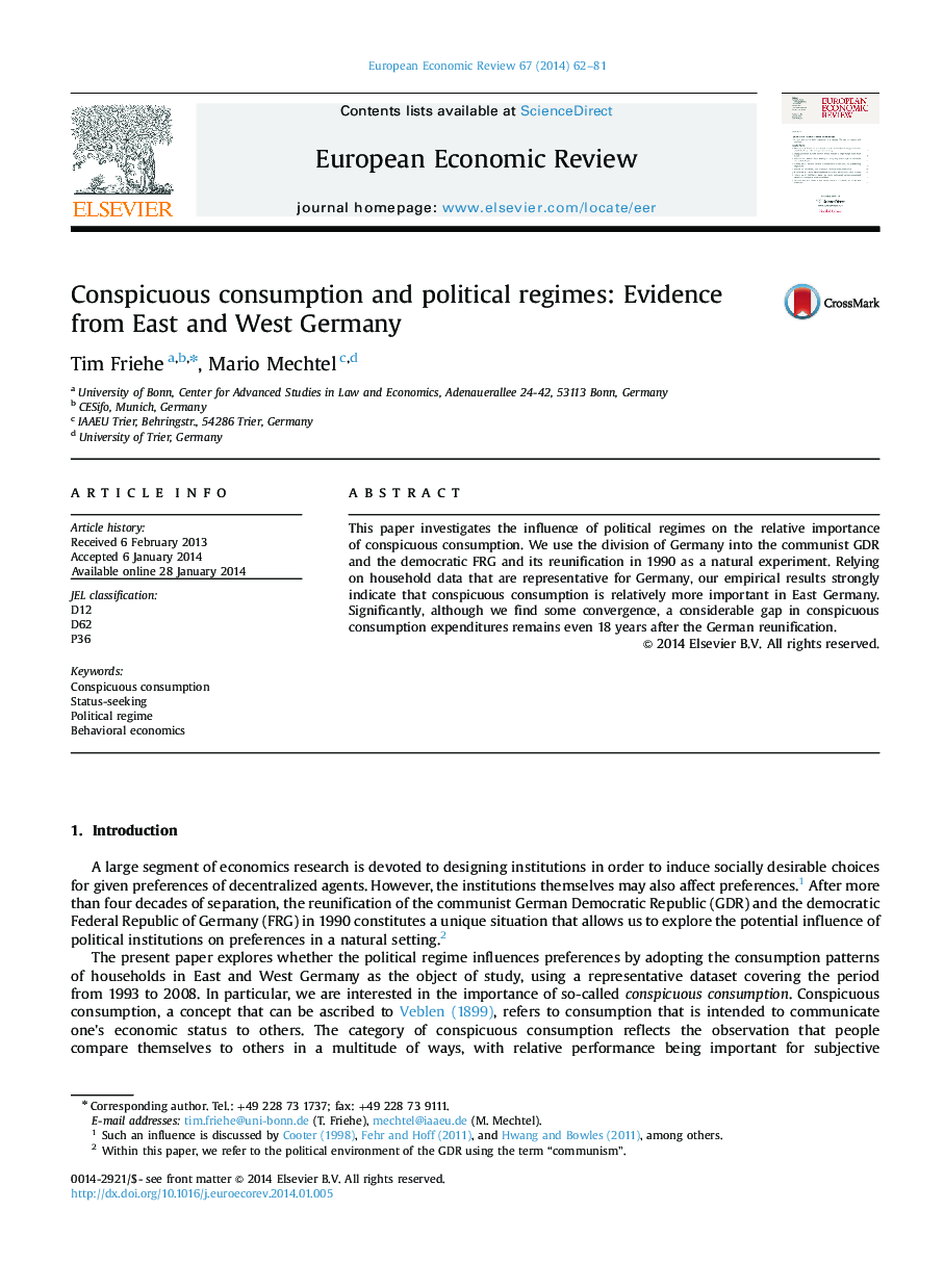 مصرف قابل توجه و رژیم های سیاسی: شواهد از شرق و غرب آلمان 
