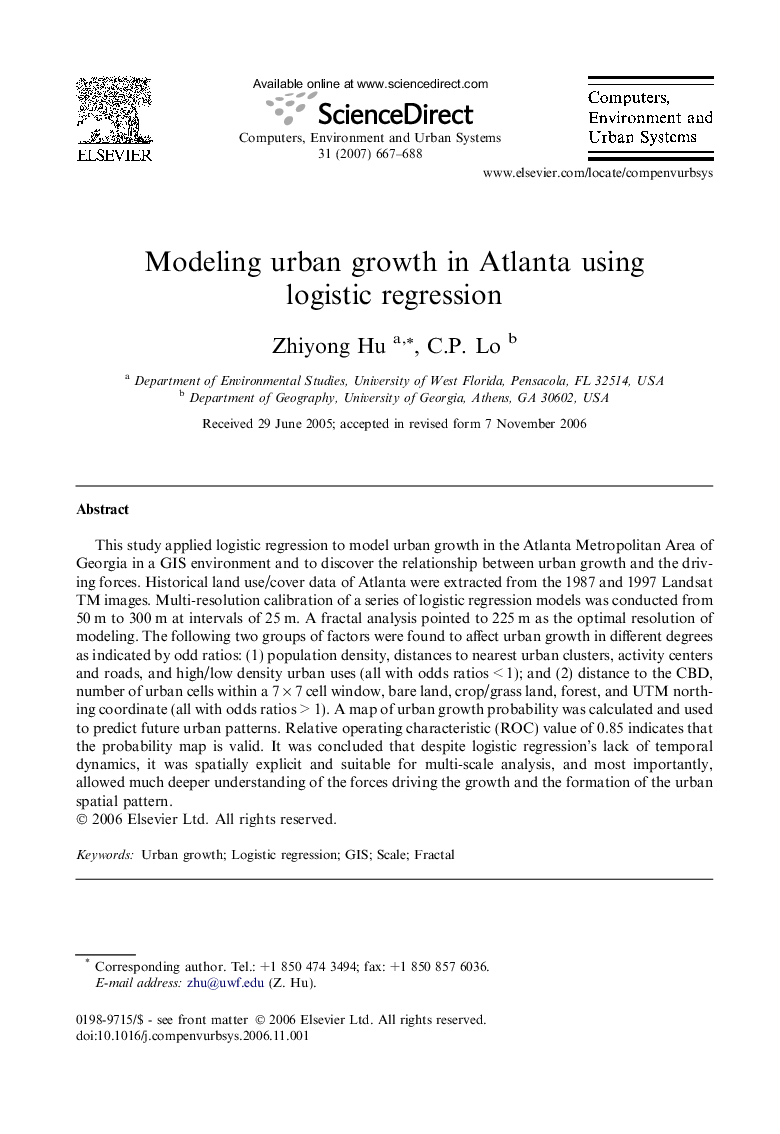 Modeling urban growth in Atlanta using logistic regression