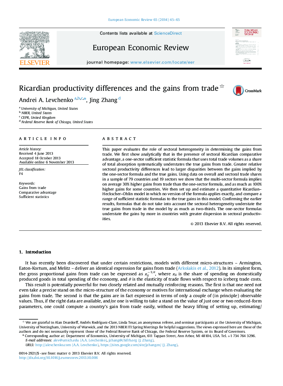 عکس صفحه اول مقاله: Ricardian productivity differences and the gains from trade Ricardian productivity differences and the gains from trade