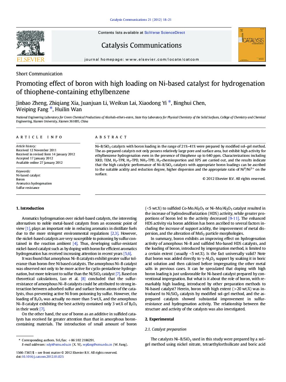 Promoting effect of boron with high loading on Ni-based catalyst for hydrogenation of thiophene-containing ethylbenzene