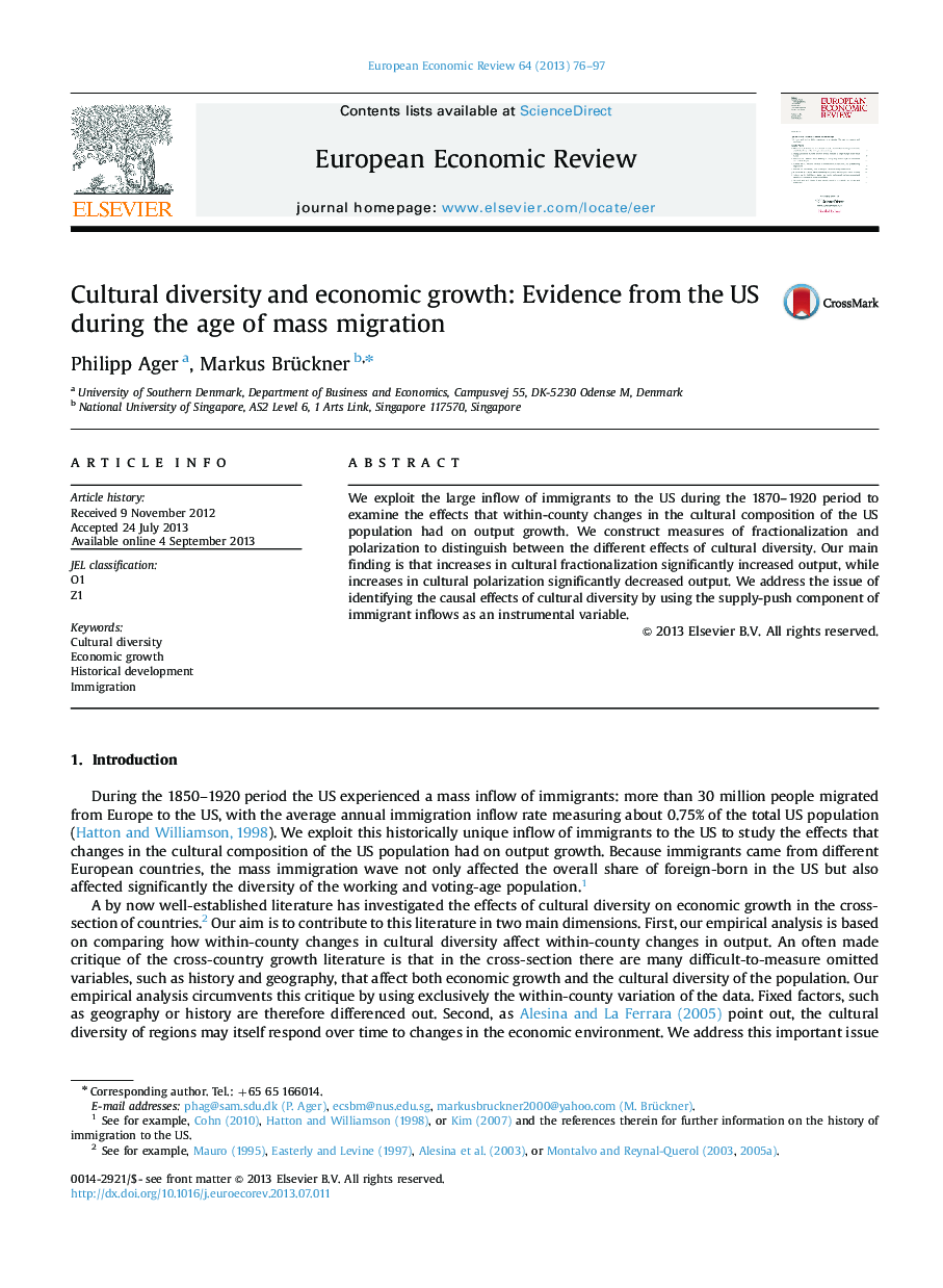 تنوع فرهنگی و رشد اقتصادی: شواهد از ایالات متحده در طول مهاجرت جمعی 