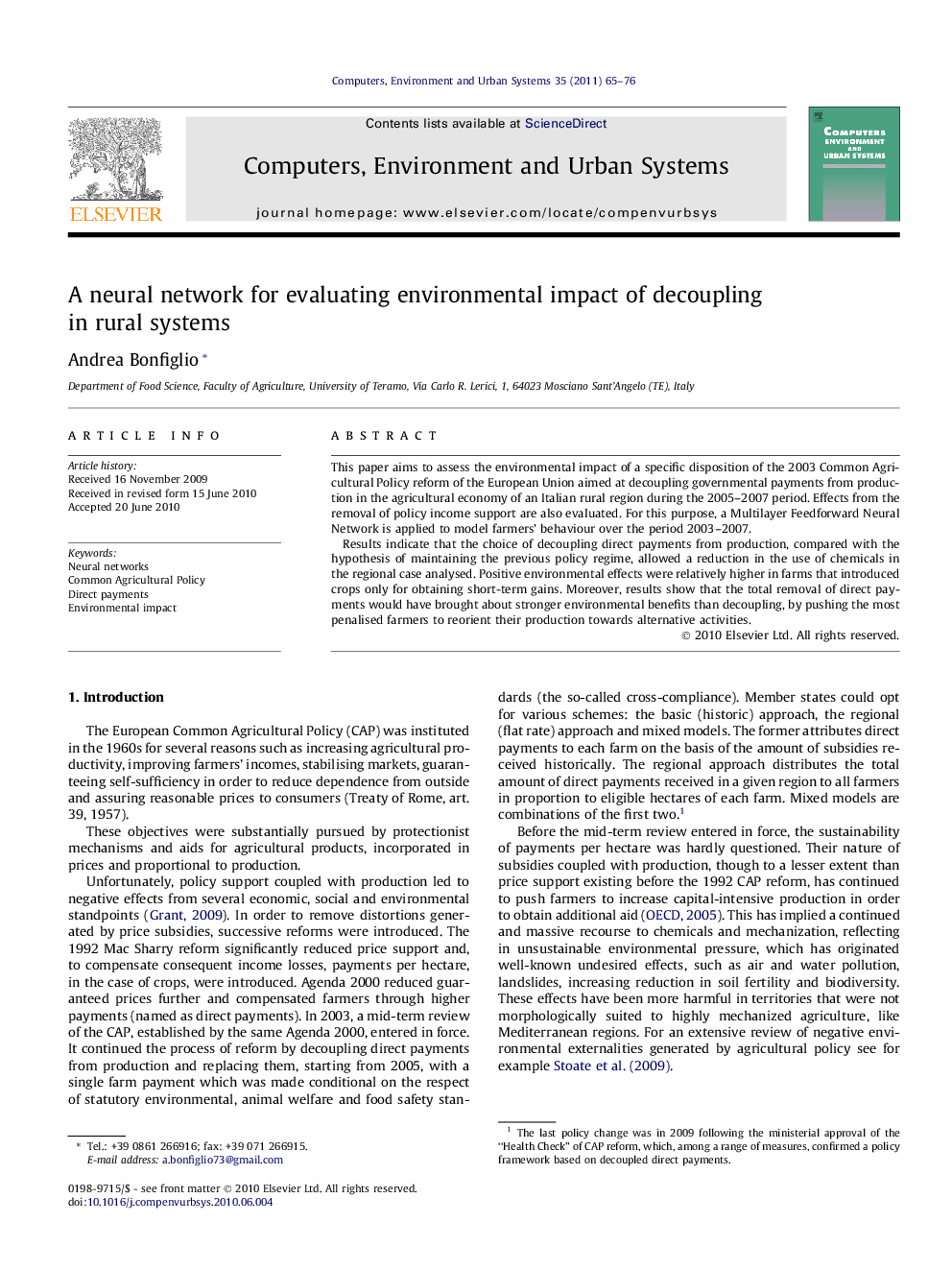 A neural network for evaluating environmental impact of decoupling in rural systems