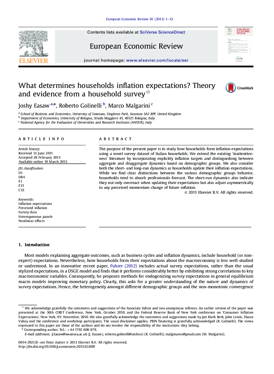 What determines households inflation expectations? Theory and evidence from a household survey