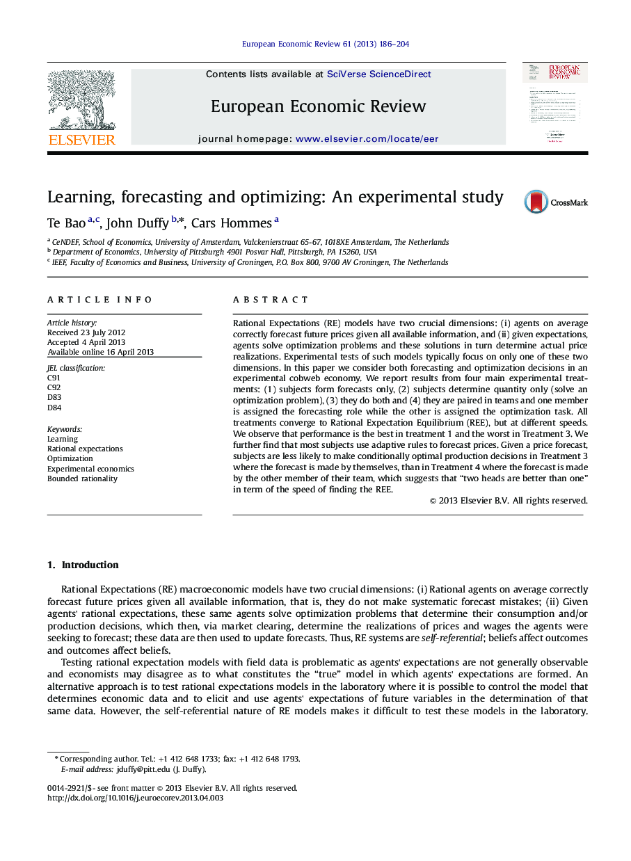 Learning, forecasting and optimizing: An experimental study